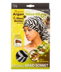 M&M Qfitt Organic Argan & Shea Butter + Olive Oil Patterned Braid Bonnet #8493 5 M&M Qfitt Organic Argan & Shea Butter + Olive Oil Patterned Braid Bonnet #8493 -Clore Beauty Store G00009626 2