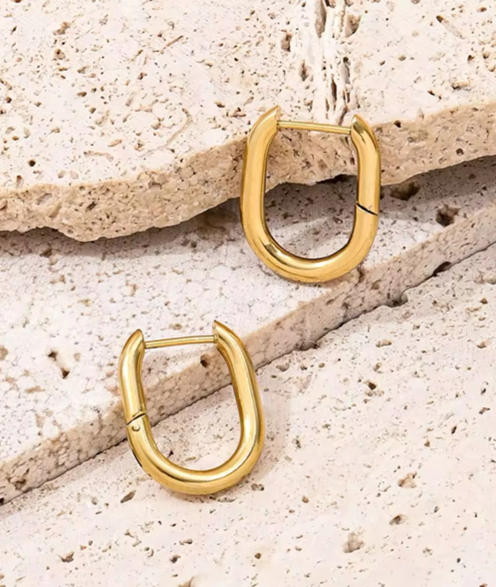 Nude Rose Stainless Steel 18K Gold Thick Round Rectangle Earring #E-196 2 Nude Rose Stainless Steel 18K Gold Thick Round Rectangle Earring #E-196 - Image 2