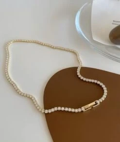 Nude Rose 18K Gold Plated Linked Stone Thin Square Crystal Necklace #N-034