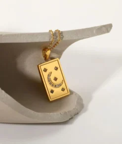 Nude Rose Stainless Steel 18K Gold Cubic Star Moon Square Shape Necklace #N-038 -Clore Beauty Store G00018988 2