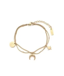 Nude Rose Stainless Steel 18K Gold/P Moon&Star Layered Chain Bracelets #B-040