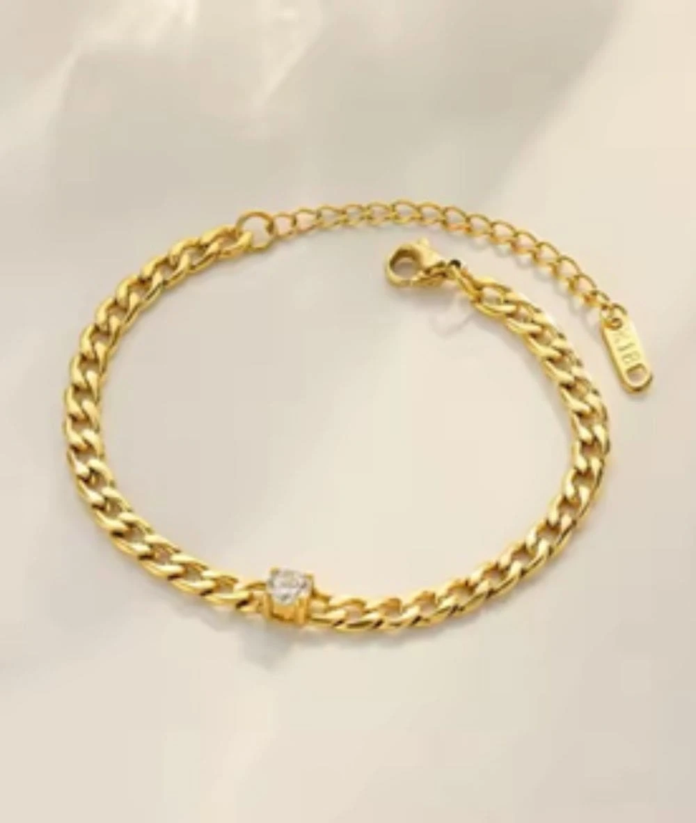 Nude Rose Stainless Steel 18K Gold Tear Drop Zirconia Figaro Ch Bracelet #B-047 1 Nude Rose Stainless Steel 18K Gold Tear Drop Zirconia Figaro Ch Bracelet #B-047