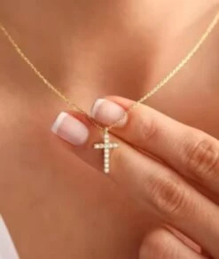 Nude Rose Stainless Steel 18K Gold Plated Cross Pendant Chain Necklace #N-075