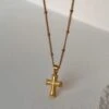 Nude Rose Stainless Steel 18K Gold PlatedVintage Cross Bead Chain Necklace #N-078
