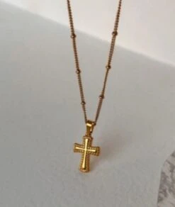 Nude Rose Stainless Steel 18K Gold PlatedVintage Cross Bead Chain Necklace #N-078