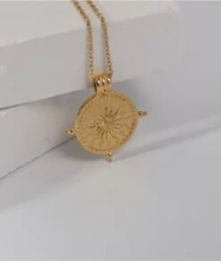 Nude Rose Stainless Steel 18K Gold Plated Vintage Sun Pendant Necklace #N-081