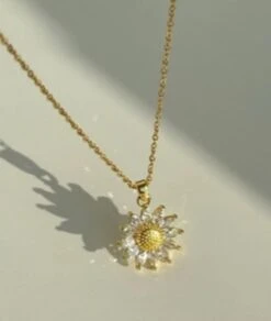 Nude Rose Stainless Steel 18K Gold Plated Crystal Sunflower Necklace #N-090