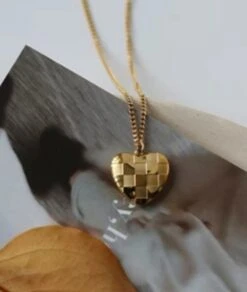 Nude Rose Stainless Steel 18K Gold/P Heart Check Board Pendant Necklace #N-094