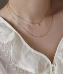 Nude Rose Stainless Steel 18K Gold Plated Double-Layer Cubic Necklace #N-108