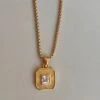 Nude Rose Stainless Steel 18K Gold/P Wht Zircon Square Pendant Necklace #N-117