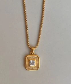 Nude Rose Stainless Steel 18K Gold/P Wht Zircon Square Pendant Necklace #N-117