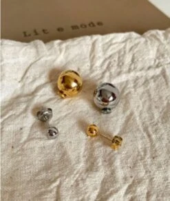 Nude Rose Stainless Steel 18K Gold Plated Double Circle Sphere Ball Earrings #E-347