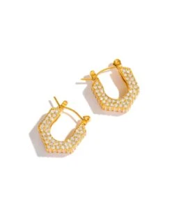 Nude Rose Stainless Steel 18K Gold Plated Zircon Chunky Hoop Earrings #E-417
