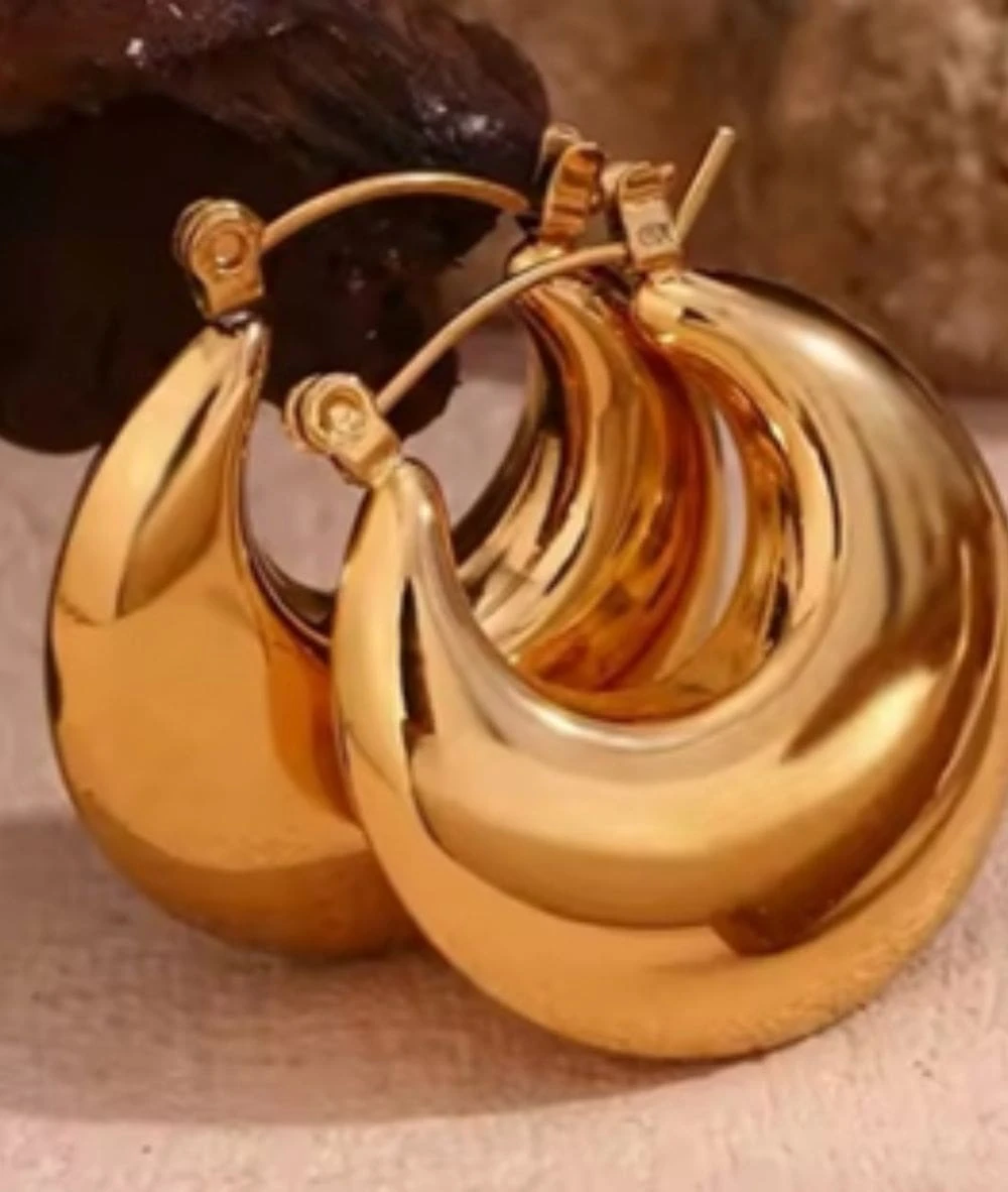 Nude Rose Stainless Steel 18K Gold Plated Hollow Chunky Hoop Earrings #E-437 1 Nude Rose Stainless Steel 18K Gold Plated Hollow Chunky Hoop Earrings #E-437